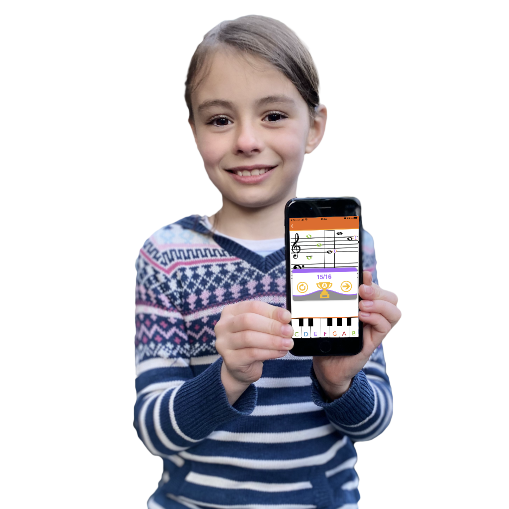 Girl holding phone showing sight reading app