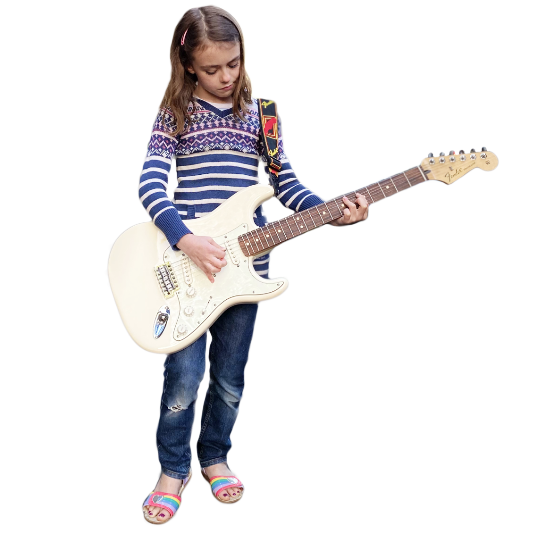 girl playing fender strat