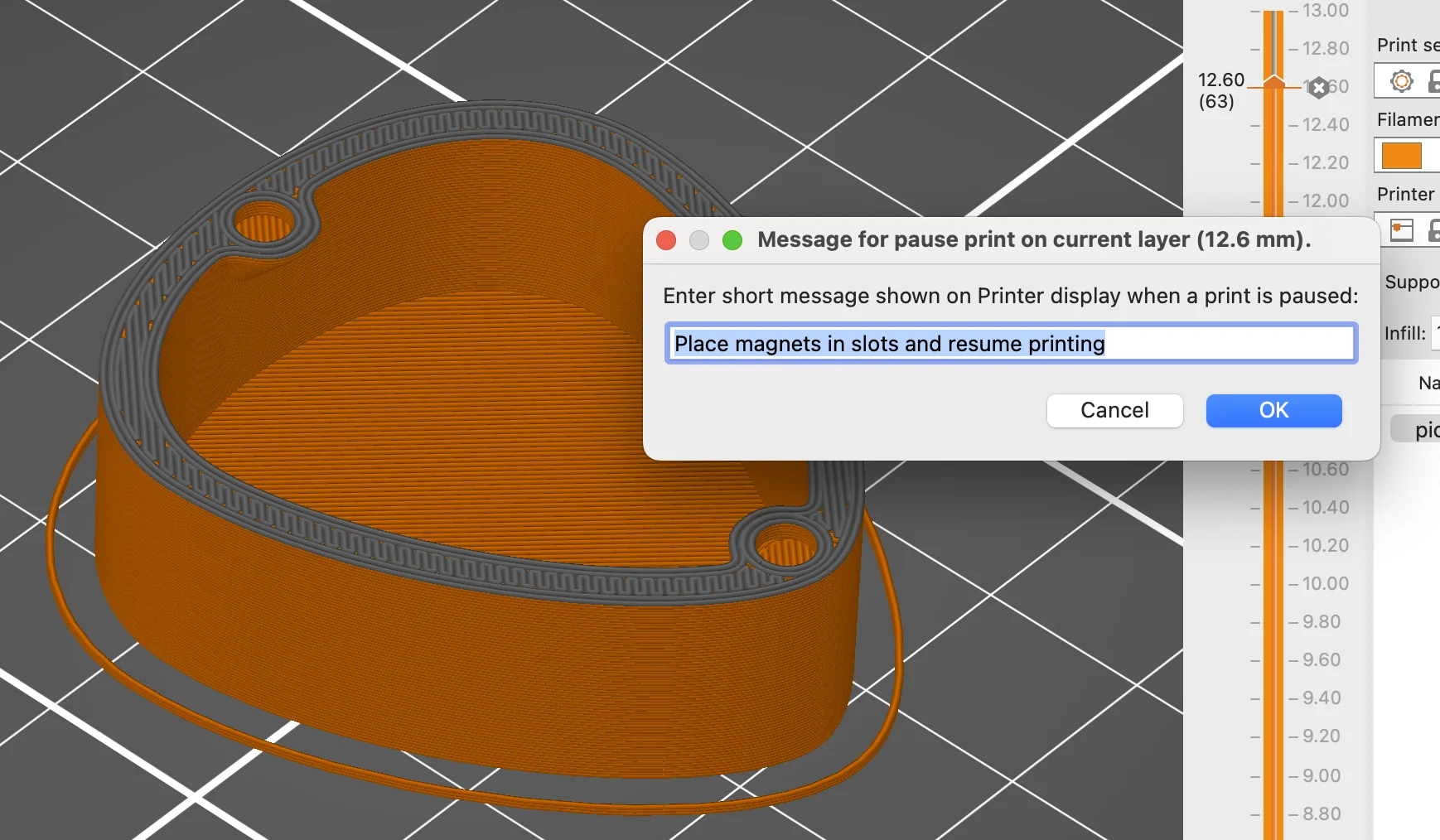 prusa slicer guitar pick box showing pause layer to embed magents